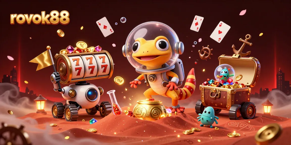 rokok88 celebrates winning with vibrant slot reels and a busy casino scene led by a Martian gecko