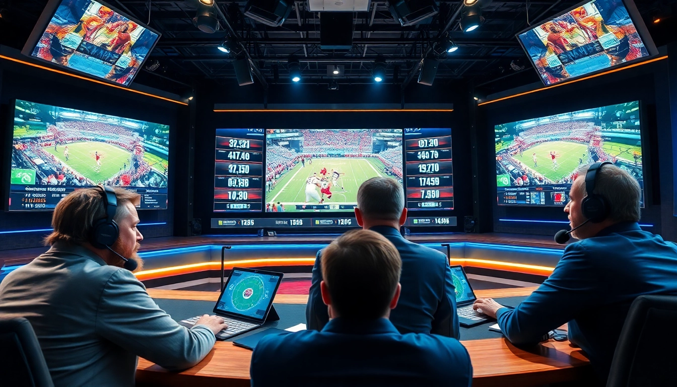 Sports Broadcasting hosts analyzing game highlights in a vibrant studio.