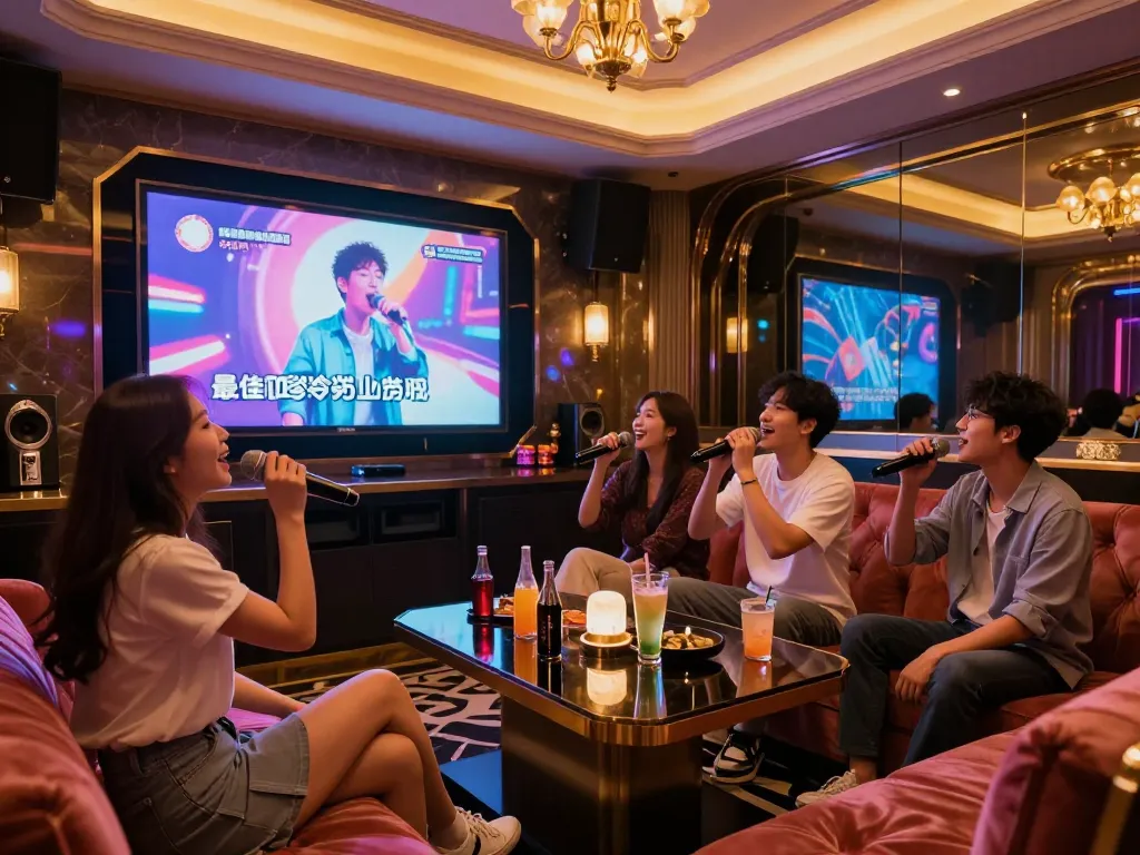 Gangnam가라오케 enthusiasts enjoying vibrant karaoke night with drinks and colorful lights.