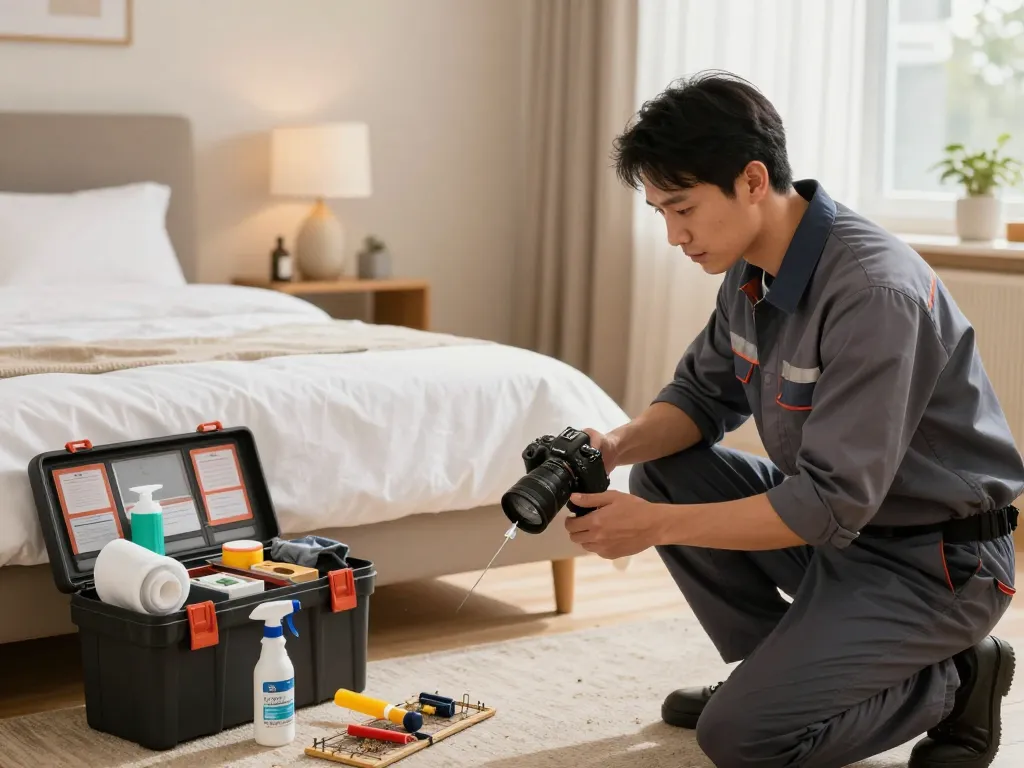 Pest control technician inspecting bed for bed bugs, showcasing effective pest control techniques in a safe bedroom environment