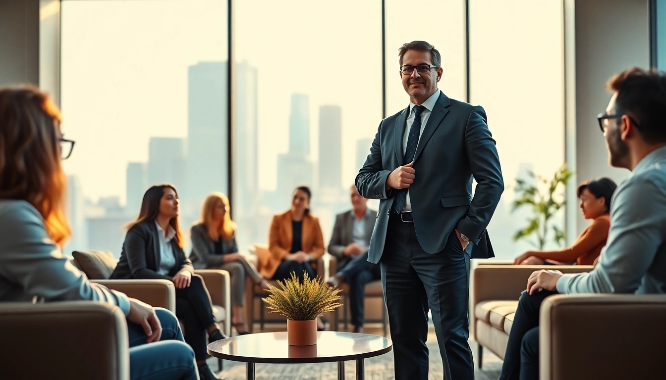 Engaging scene showcasing founder leadership insights with a confident leader and diverse team collaboration.