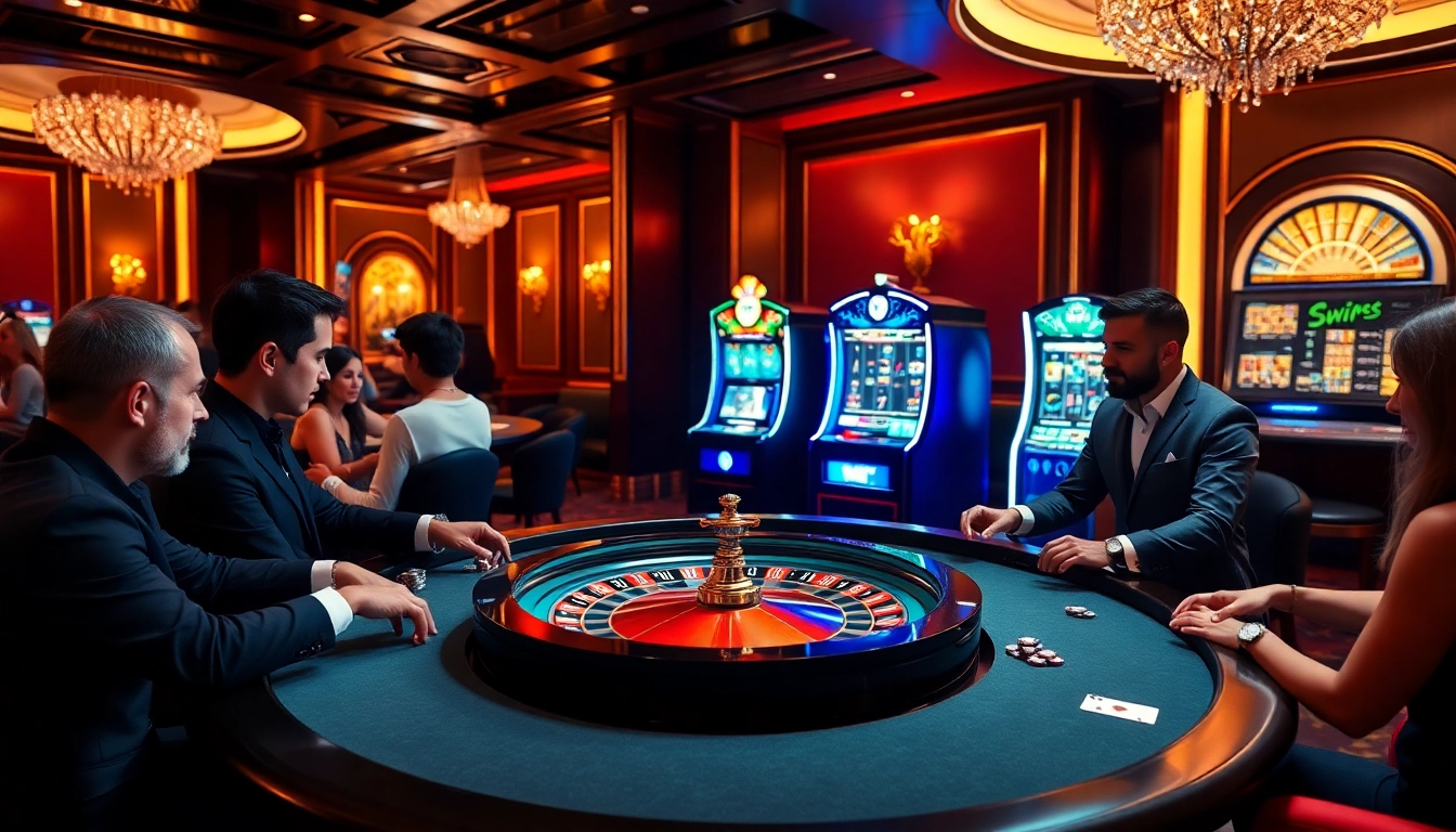 Des joueurs engagés dans un casino luxueux illustrent l'excitation du casino en ligne Français 2026.