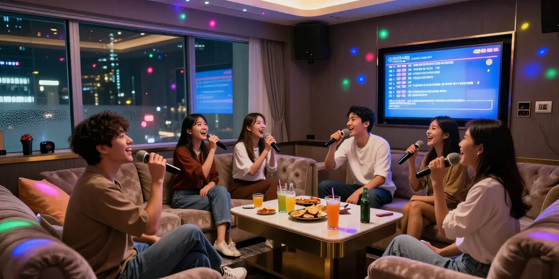 Friends enjoying an entertaining night at 강남 유앤미 가라오케 in a stylish private room.