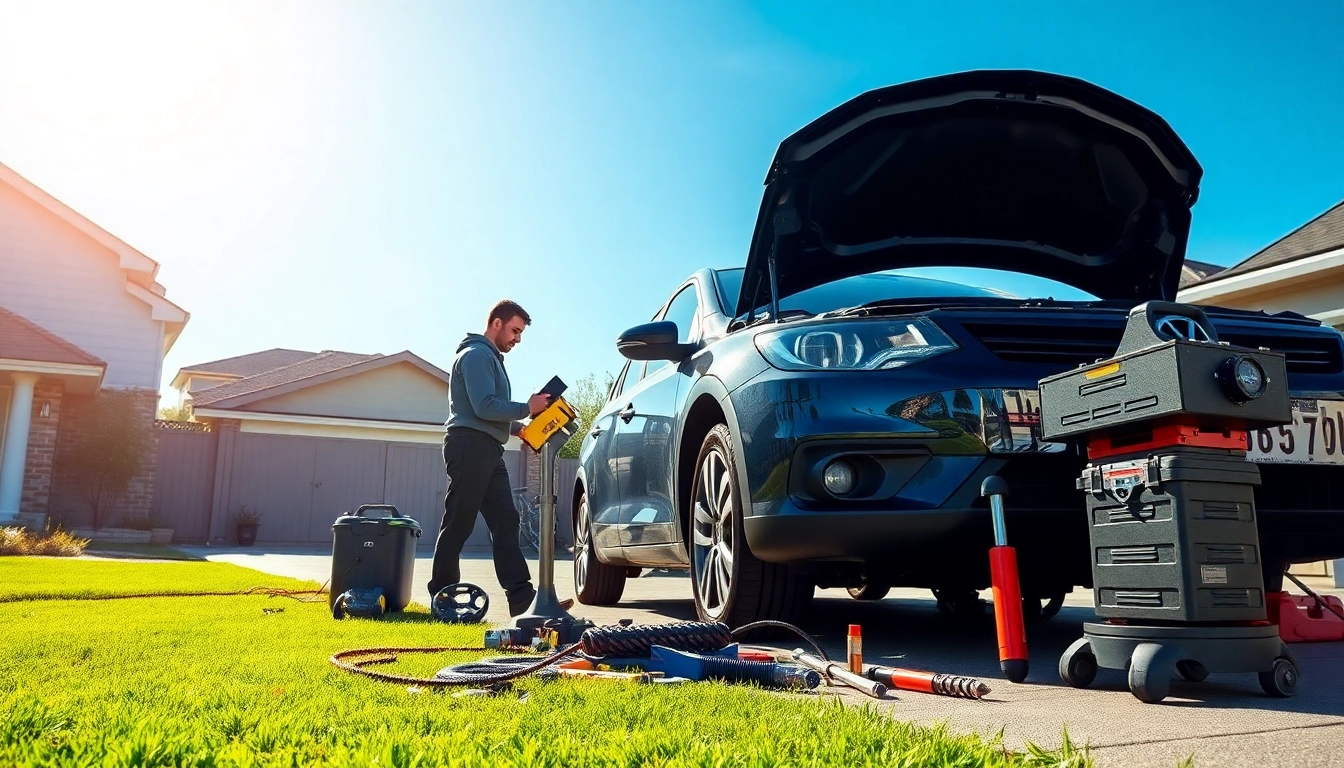 Technician performing mobile car repair in a driveway on a sunny day.