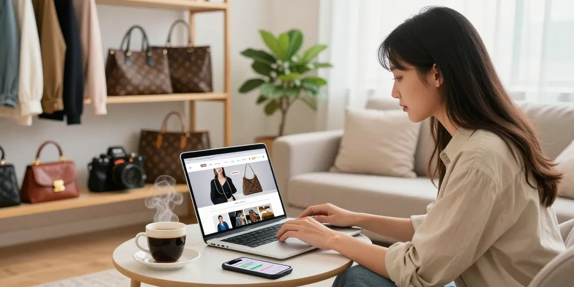 Browsing a stylish 레플리카 사이트 for luxury fashion replicas in a cozy home.