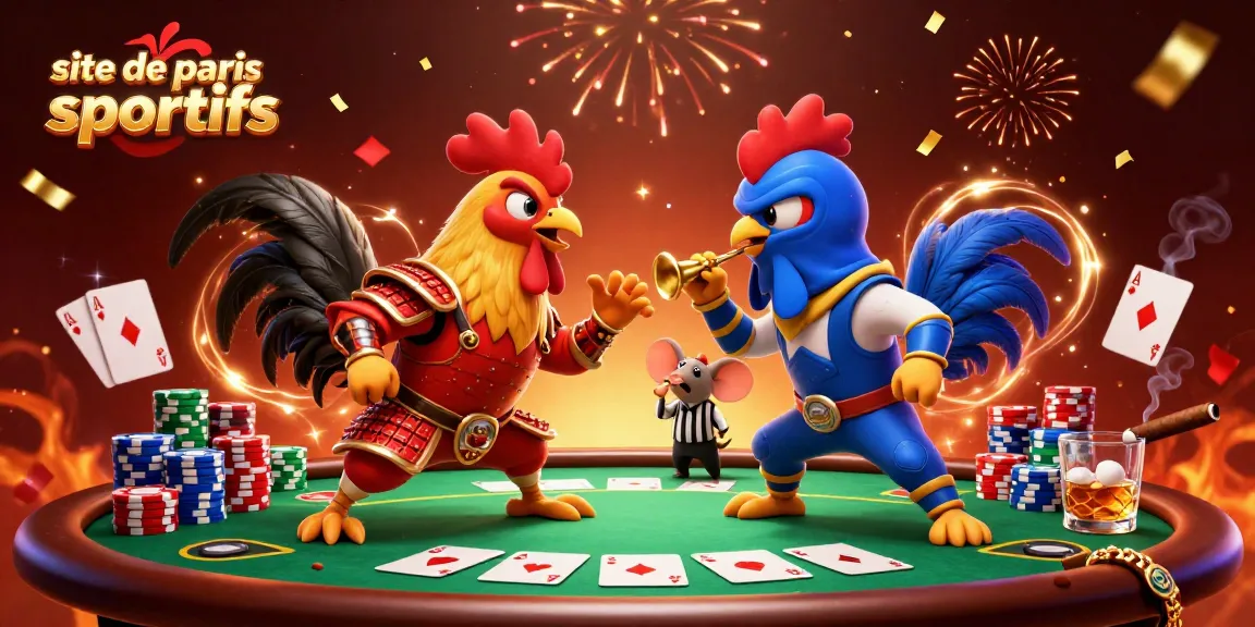 Pariez sur le site de paris sportifs avec des coqs combattants en duel, poker et ambiance festive.