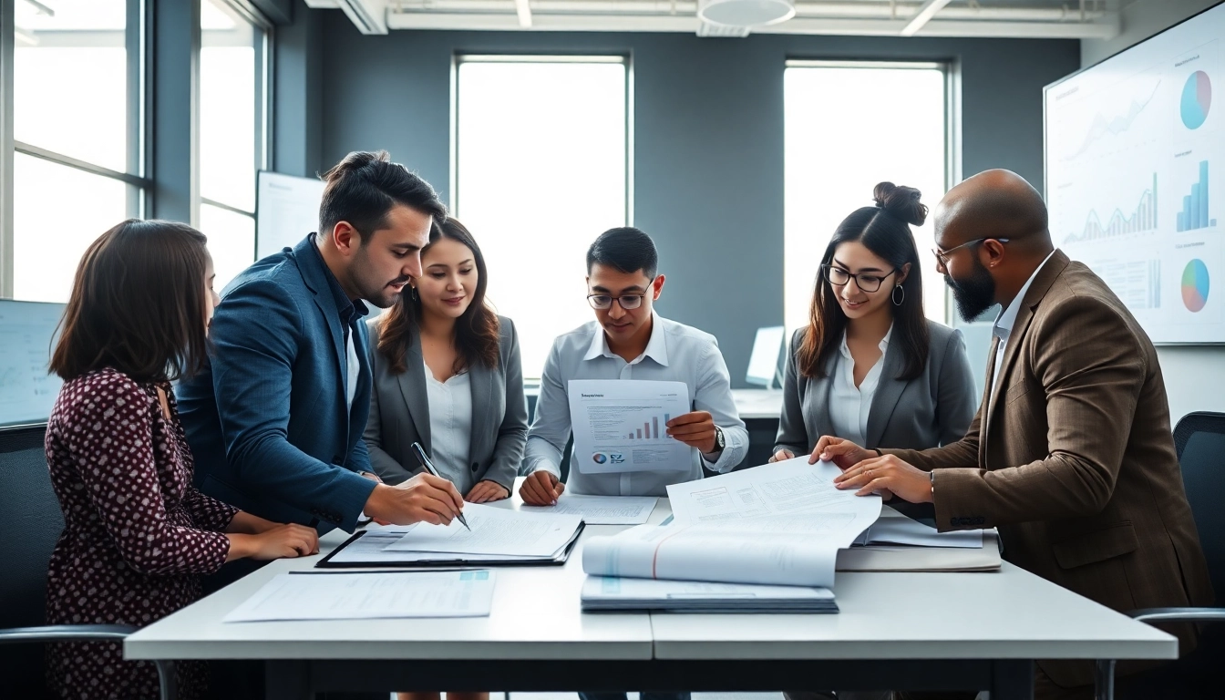 Engaging scene of proposal writing and management collaboration with a diverse team.