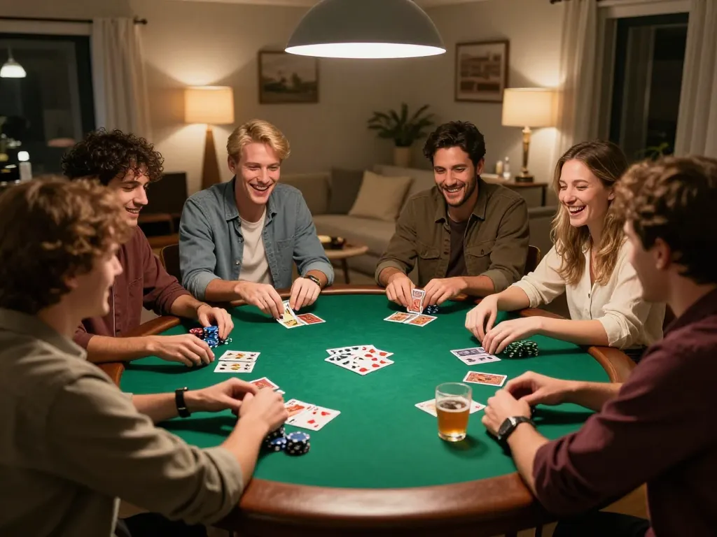 Friends playing poker in warm home setting, enjoying hidden wiki gaming strategies.