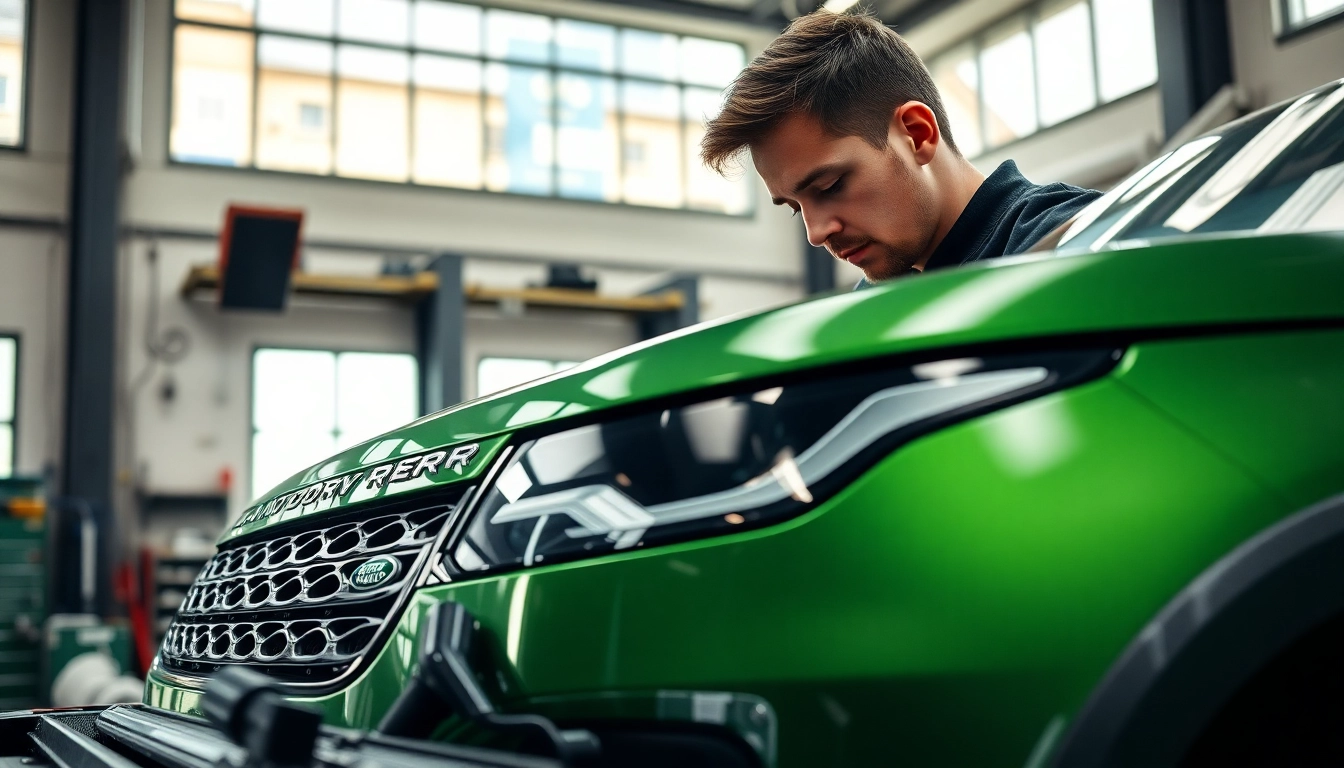 Expert Land Rover Service in a well-equipped garage with mechanic at work.