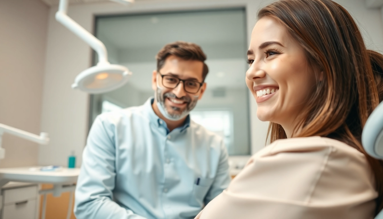 Engaged Dentist explaining oral health to a patient in a modern dental clinic.