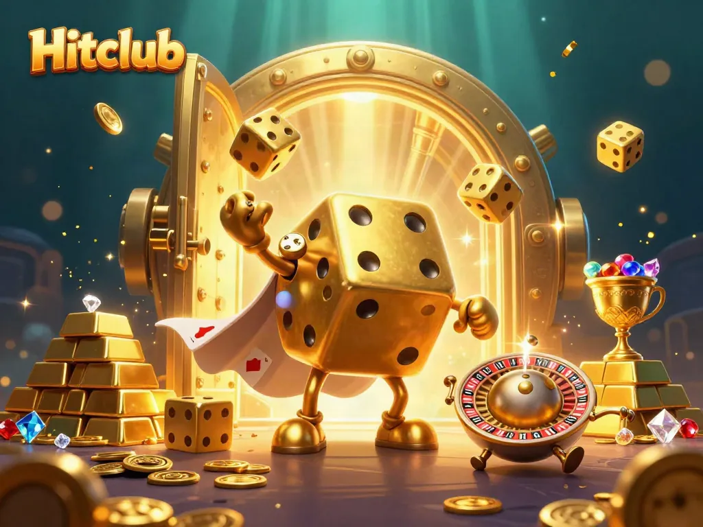 Hitclub's golden dice golem and roulette-ball character engaging players in an exciting casino scene.