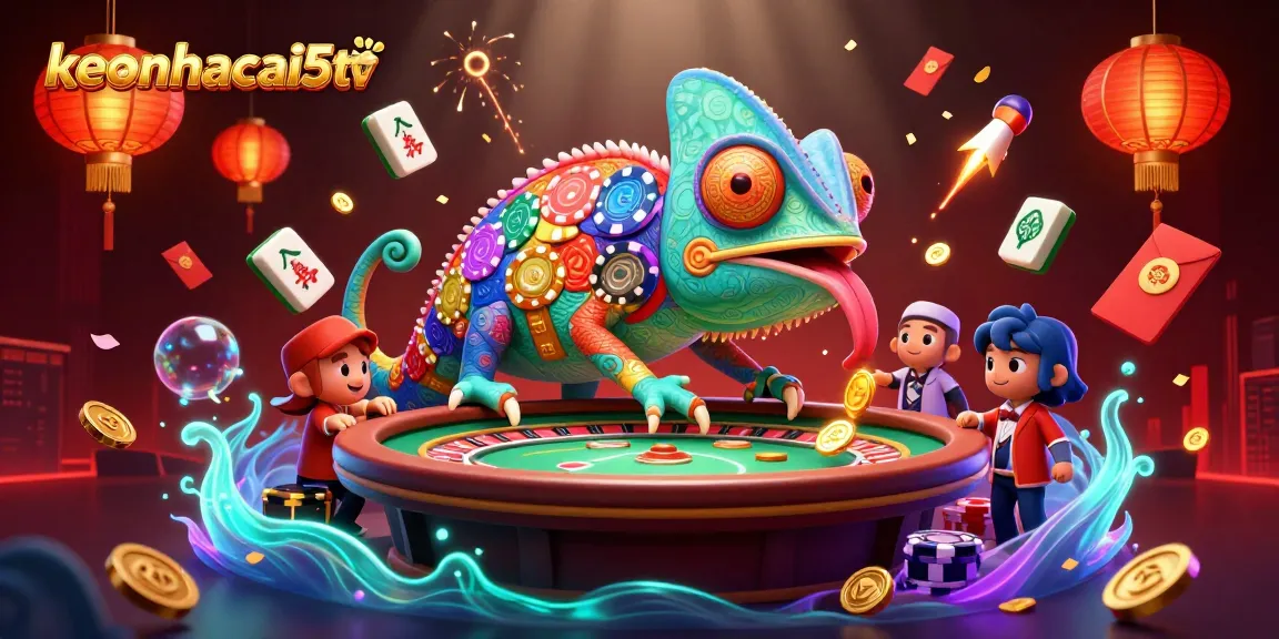 Engage in dynamic gaming with keonhacai5tv featuring colorful chameleon casino owner and rich visuals.