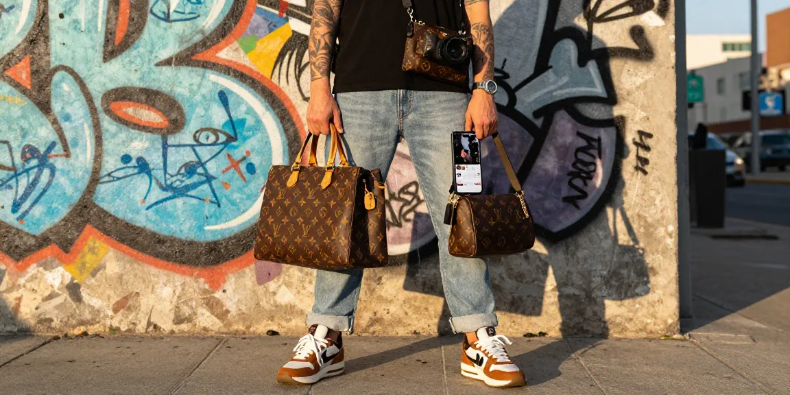Stylish individual showcasing 명품 레플리카 fashion against a vibrant urban backdrop.