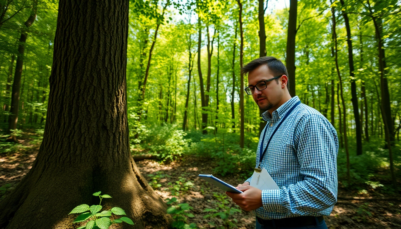 Tree Consultancy specialist evaluating forest health, highlighting professional assessment techniques.