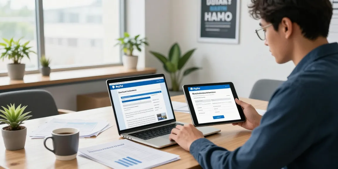 Exploring a PayPal merchant cash advance application in a modern office setting with financial reports and documents.