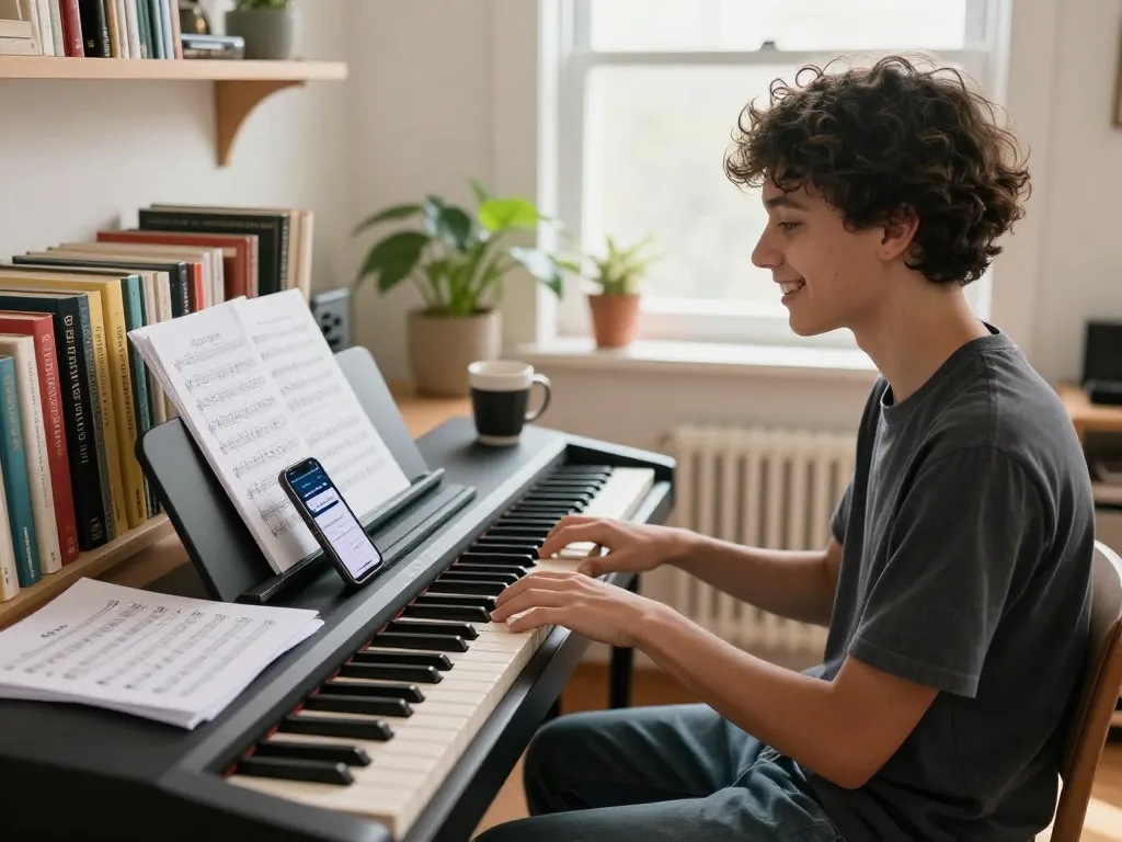 Person playing GO 88 piano with music sheets and smartphone lessons in a cozy home studio.