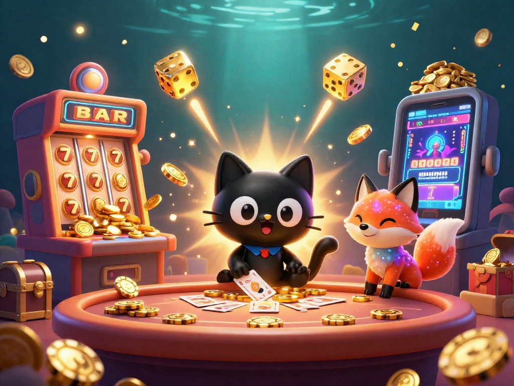 Experience the thrill of mahjong slots with a cosmic cat at the casino table, pulling in golden chips.