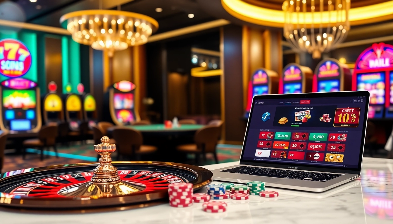Une scène de casino animée avec des jetons de poker et une roue de roulette représentant l'excitation et le luxe d'un casino en ligne fiable.
