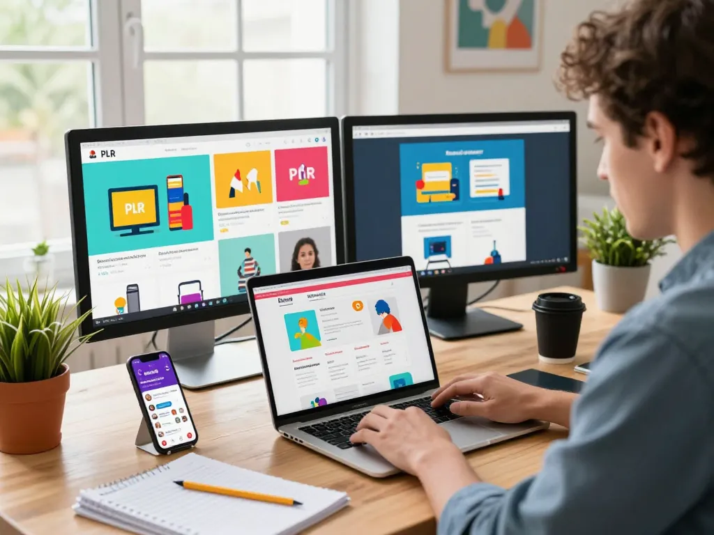 Buy PLR Digital Products in a vibrant e-commerce workspace featuring colorful product images and a productive atmosphere.