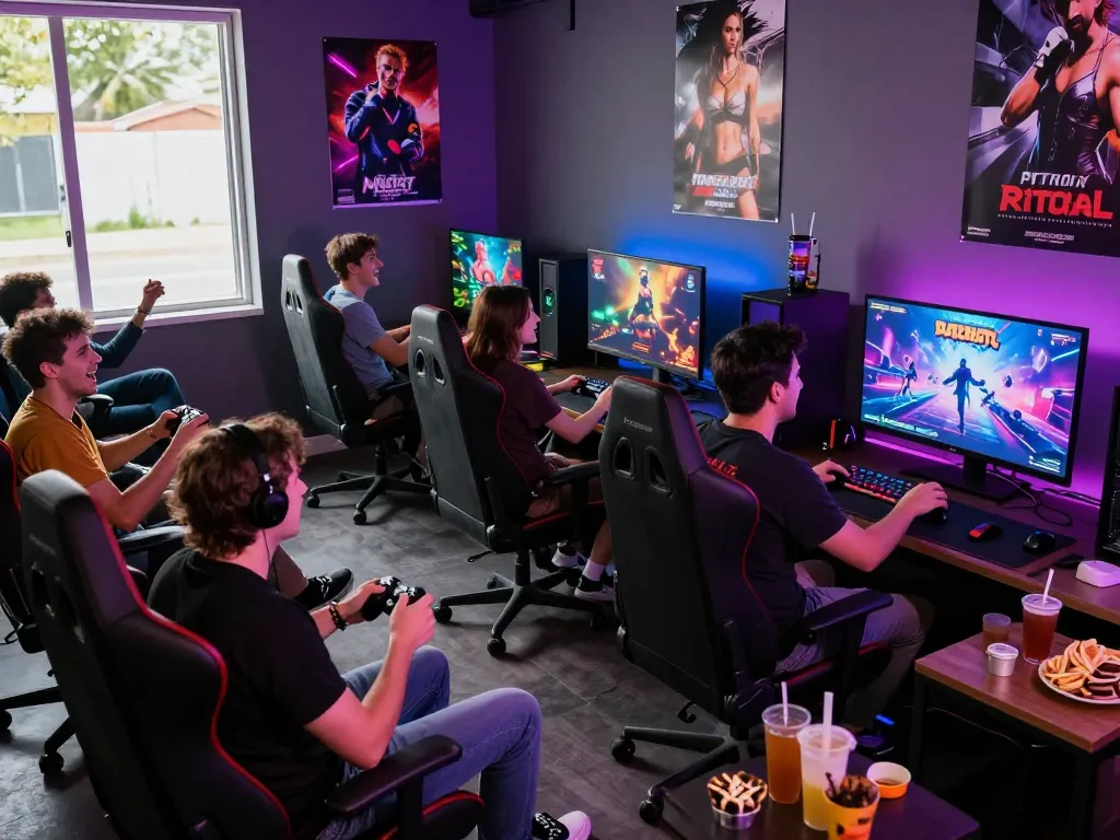Group enjoying real porn games in a vibrant gaming lounge with snacks and laughter.