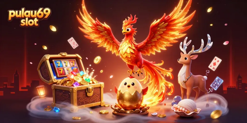 Experience pulau69 slot action with a fiery phoenix, treasures, and dynamic casino elements.
