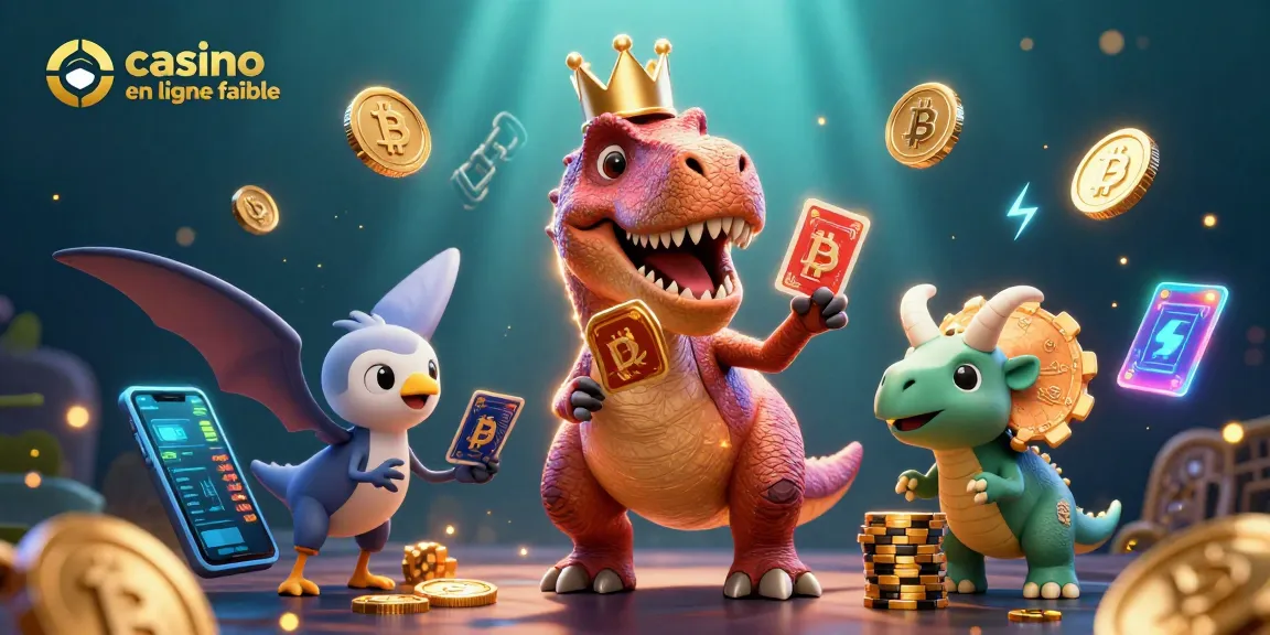 Admirez un T-Rex jouant aux cartes sur un casino en ligne fiable, entouré de pièces de crypto-monnaies et de jetons dorés.