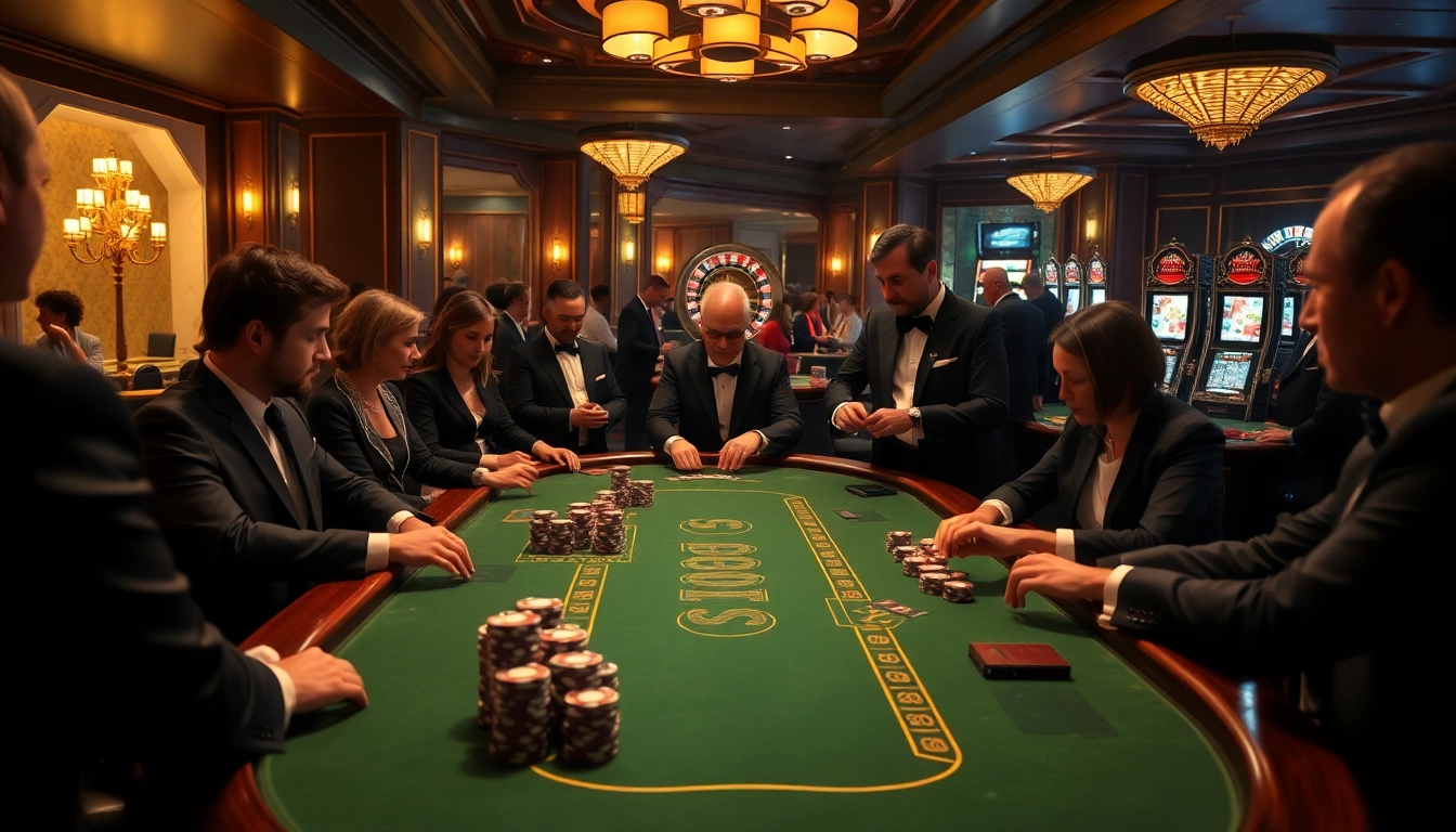 Moments de poker à enjeux élevés dans un casino en ligne Français luxueux avec des jetons et des cartes.