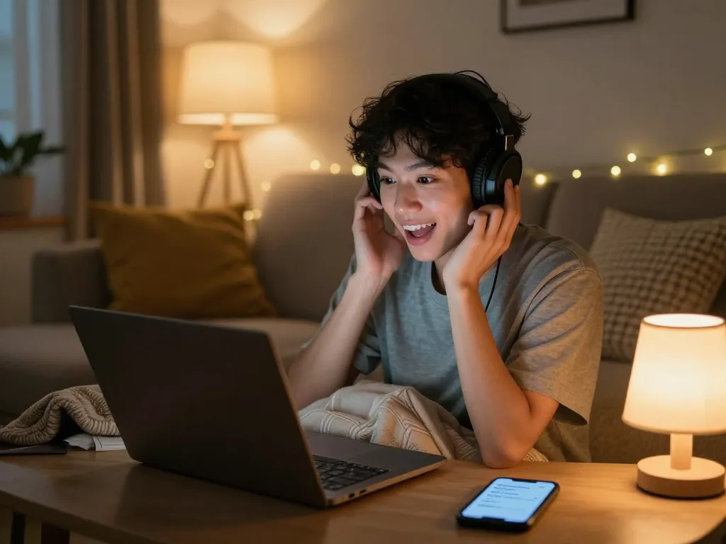 Engaging in intimate ai chat porn interactions in a cozy home setting with ambient lighting.
