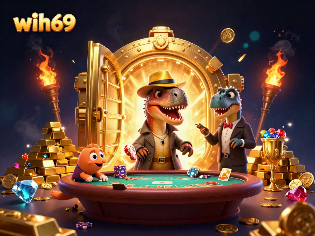 Permainan judi wih69 yang seru dengan karakter dinosaur, mencuri uang chip di meja blackjack.