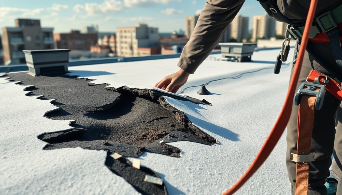 Inspecting spray foam roof problems with visible cracks and damage on a city rooftop.