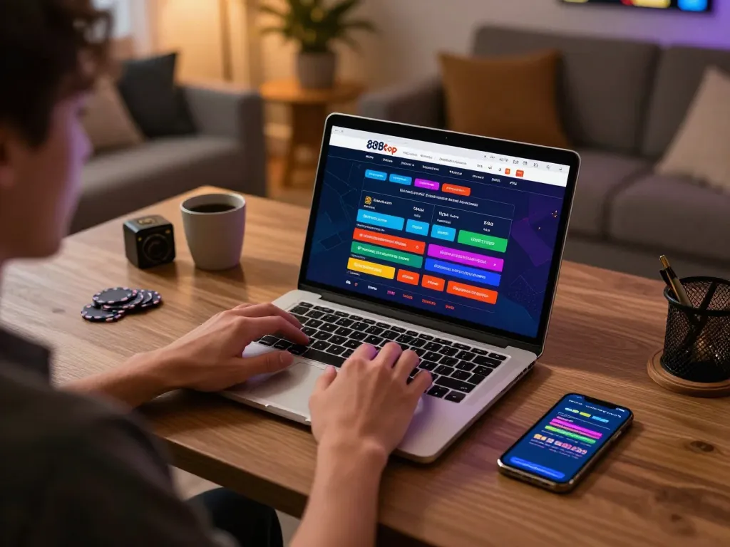 Engaged player navigating 888top's online casino gaming platform on a laptop app in a cozy home setup.