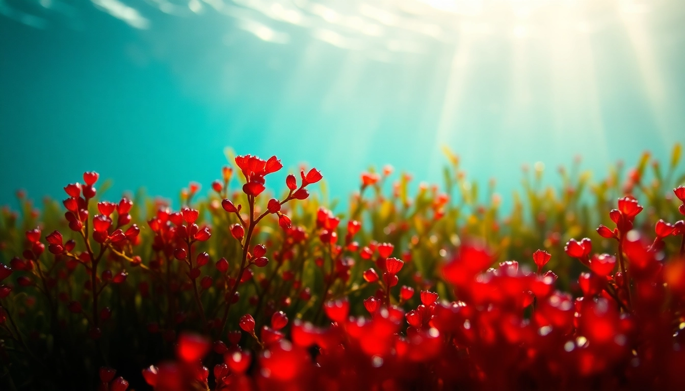 Showcase algae based astaxanthin with vibrant red tones in a serene underwater scene.