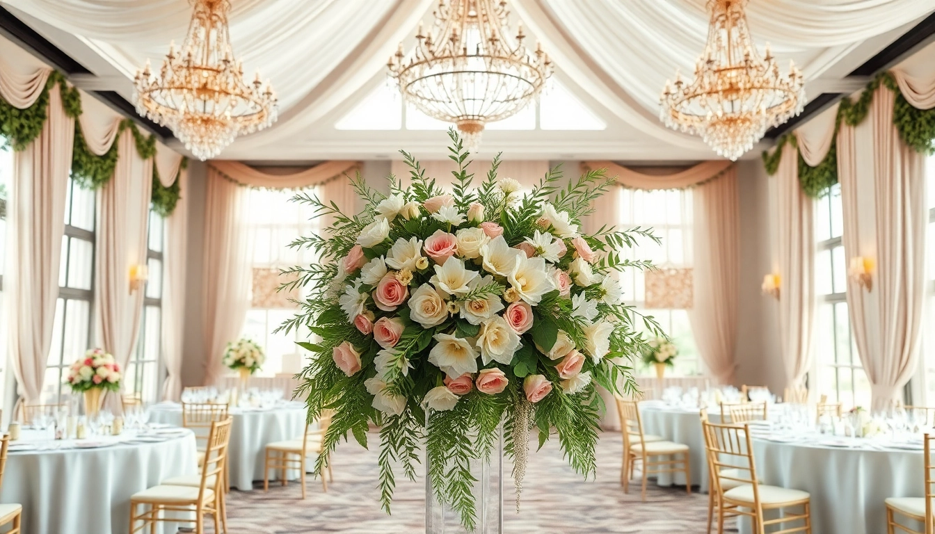 Beautifully arranged Weddings Venue with floral decor and elegant tables set for dining.