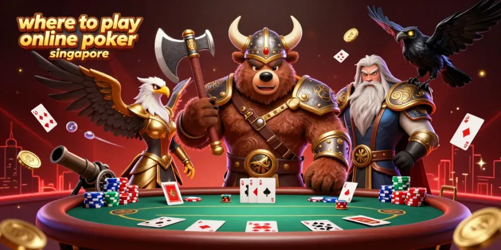 Experience where to play online poker singapore with intense gameplay at a vibrant poker table featuring 3D cartoon Viking characters.