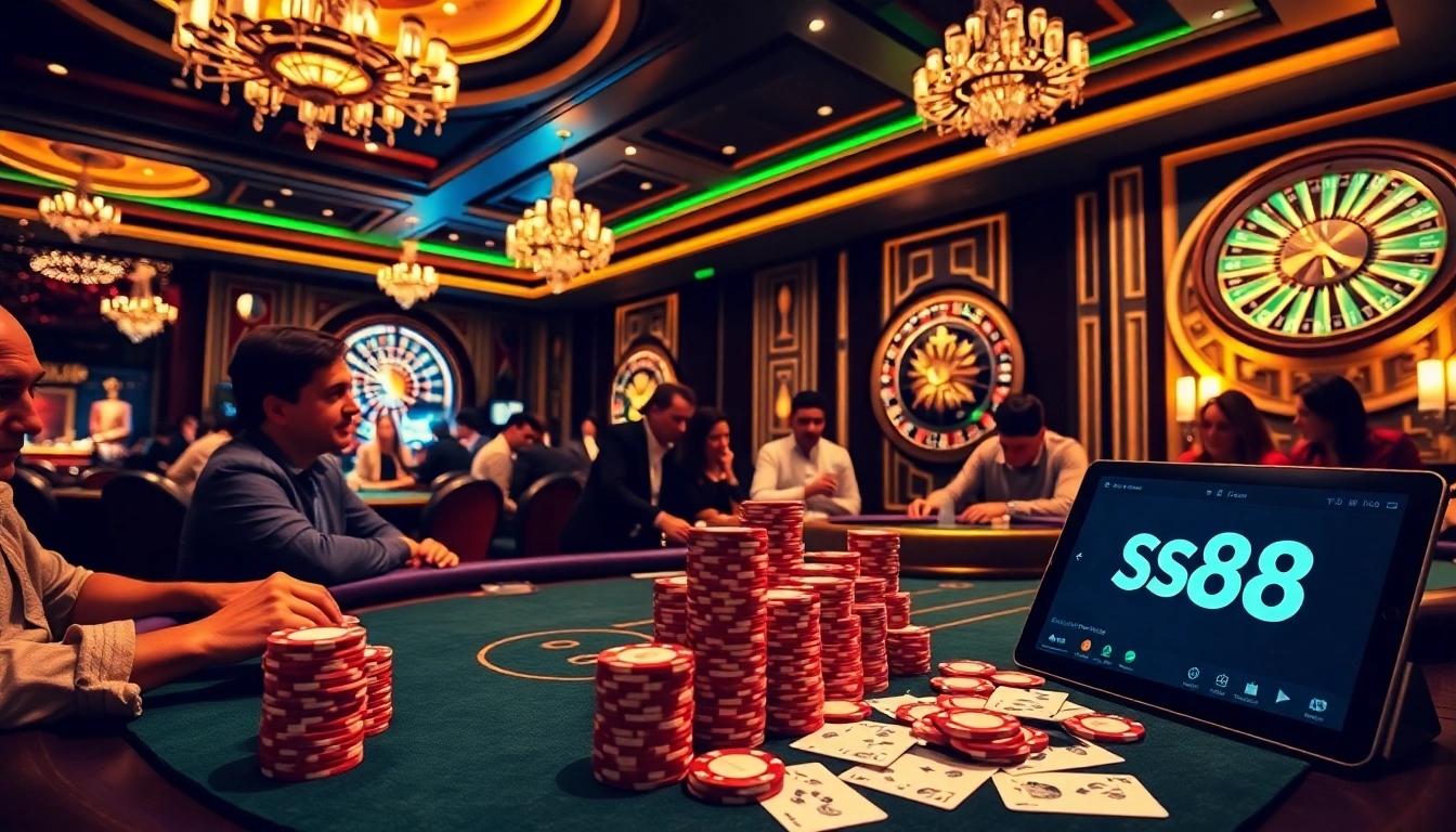 S88 nhà cái players engaging at a luxurious poker table in a vibrant casino setting.