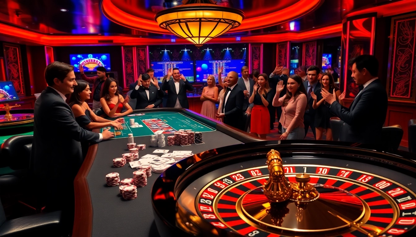 Joueurs engagés autour d'une table de poker dans un casino en ligne Français luxueux, avec des jetons et des cartes vibrants.