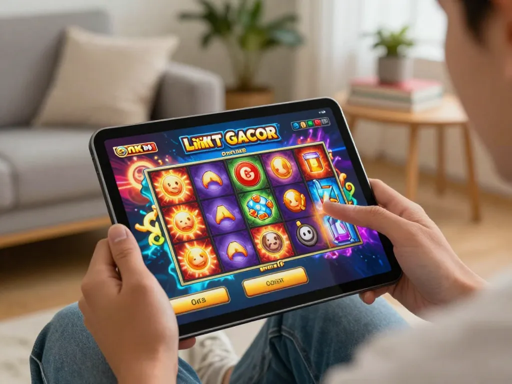 Engaging in online gambling with Link Slot Gacor on a tablet, showcasing a vibrant gaming interface
