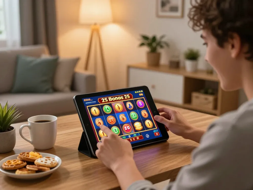 Engaging gameplay experience illustrating depo 25 bonus 25 on a tablet while enjoying cozy home ambiance.
