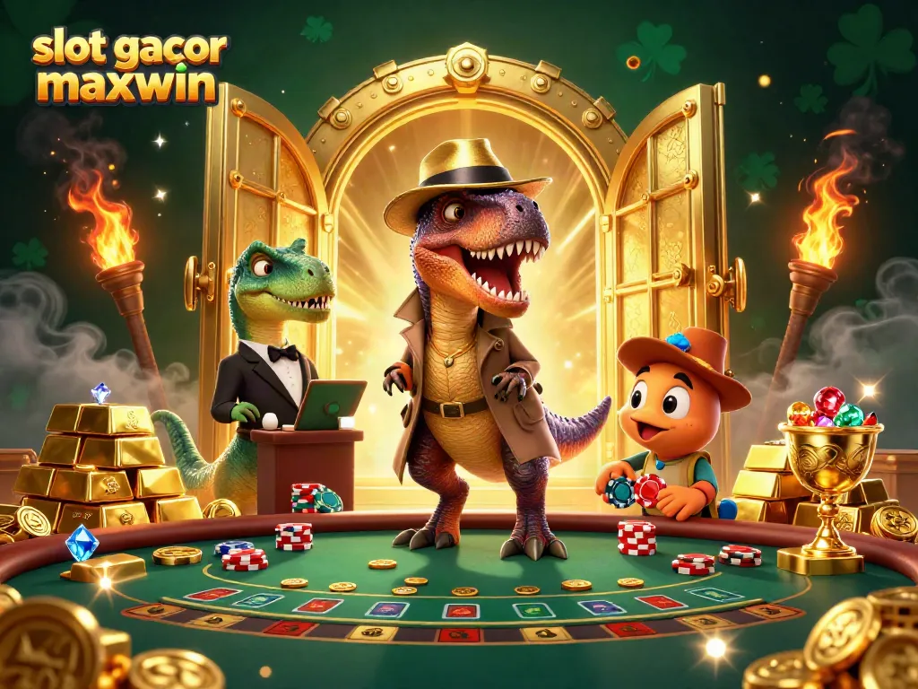 Experience thrilling wins on slot gacor maxwin with playful 3D dinosaur characters at a vibrant casino!