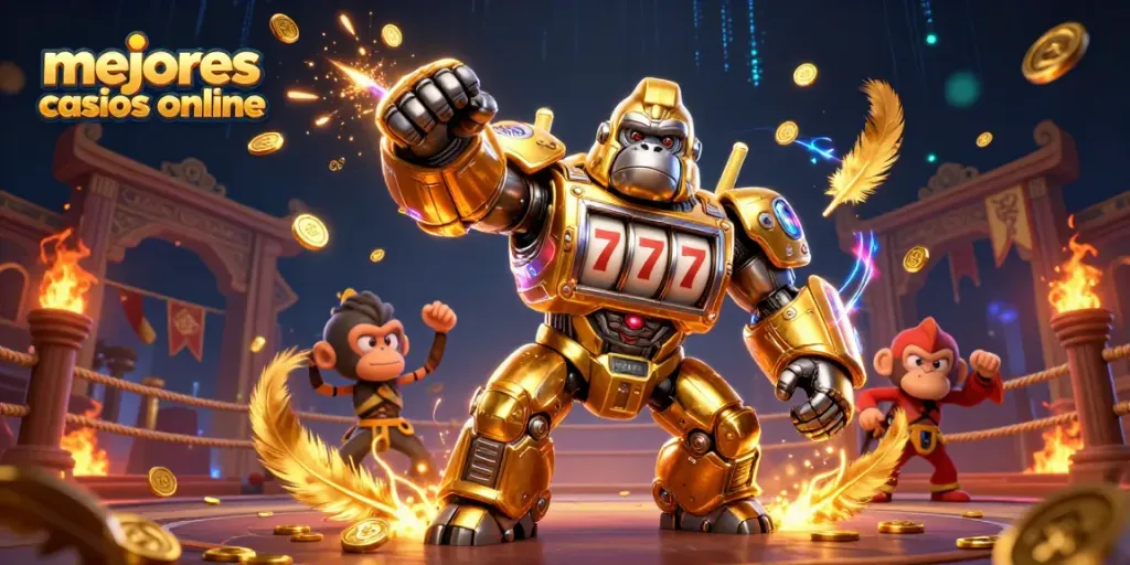 Disfruta de la diversión en los mejores casinos online con esta emocionante ilustración de un gorila robot y monedas voladoras.