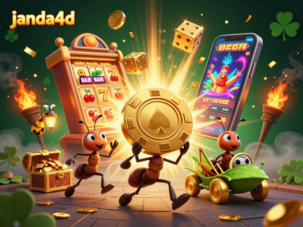 Permainan seru di janda4d dengan karakter semut membawa chip poker emas dan mesin slot memikat.