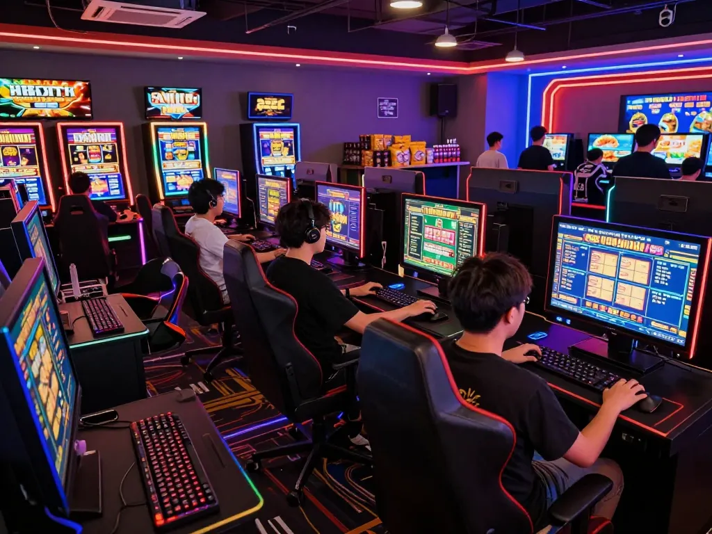 Exciting gaming lounge with players engaging in slot gacor hari ini, surrounded by vibrant screens and lively atmosphere.
