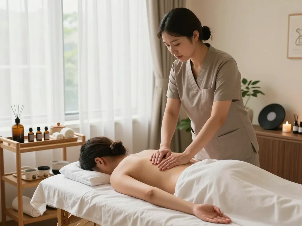 Massage therapist providing 마포스웨디시 treatment in a tranquil spa setting with natural light and soothing decor.