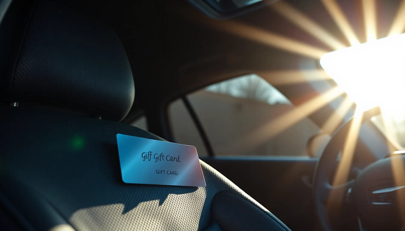Purchase a window tint gift card showcased in a luxury car interior, radiating excitement.