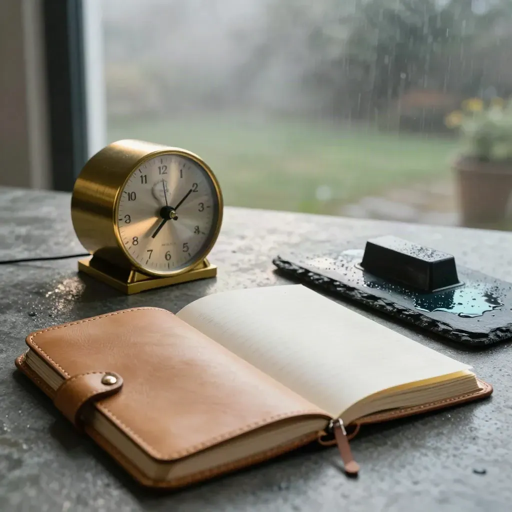 Brass timer and planning folio on rain-dappled stone at dawn.
