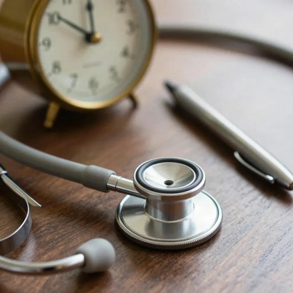 Macro still life of stethoscope, brass clock and pen on walnut wood