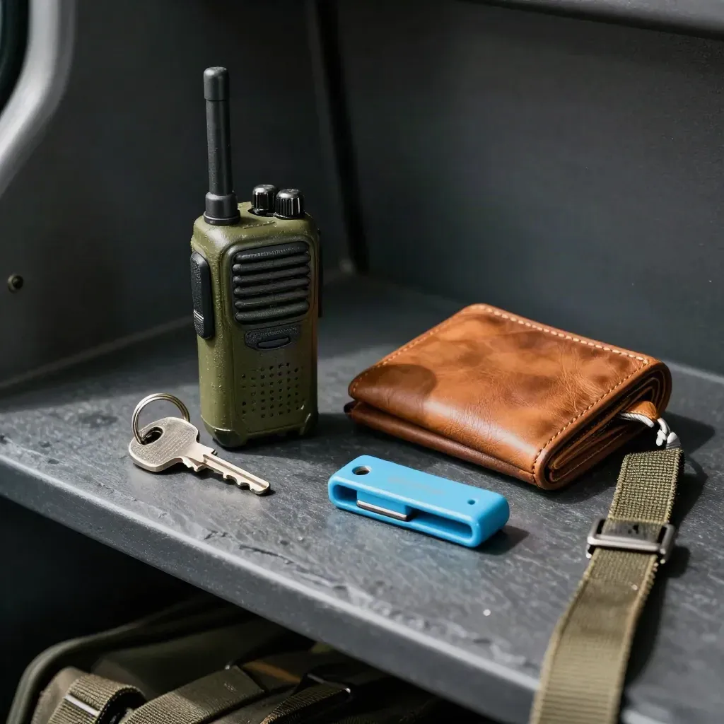Travel radio, key ring, wallet and lanyard clip on slate in dramatic shadow.