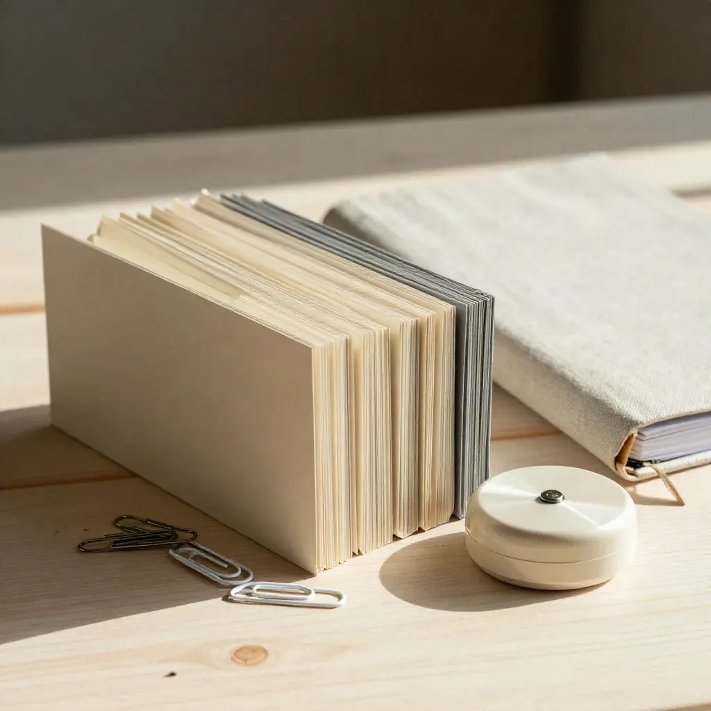 Divider tabs, paper clips, timer and closed linen notebook on pale wood, editorial still life.