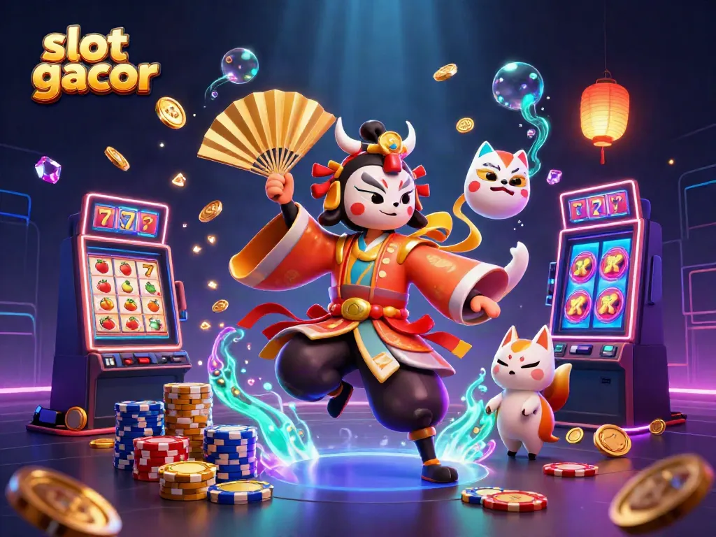 Gambaran slot gacor dengan karakter kabuki dan elemen kasino yang dinamis, penuh detail.