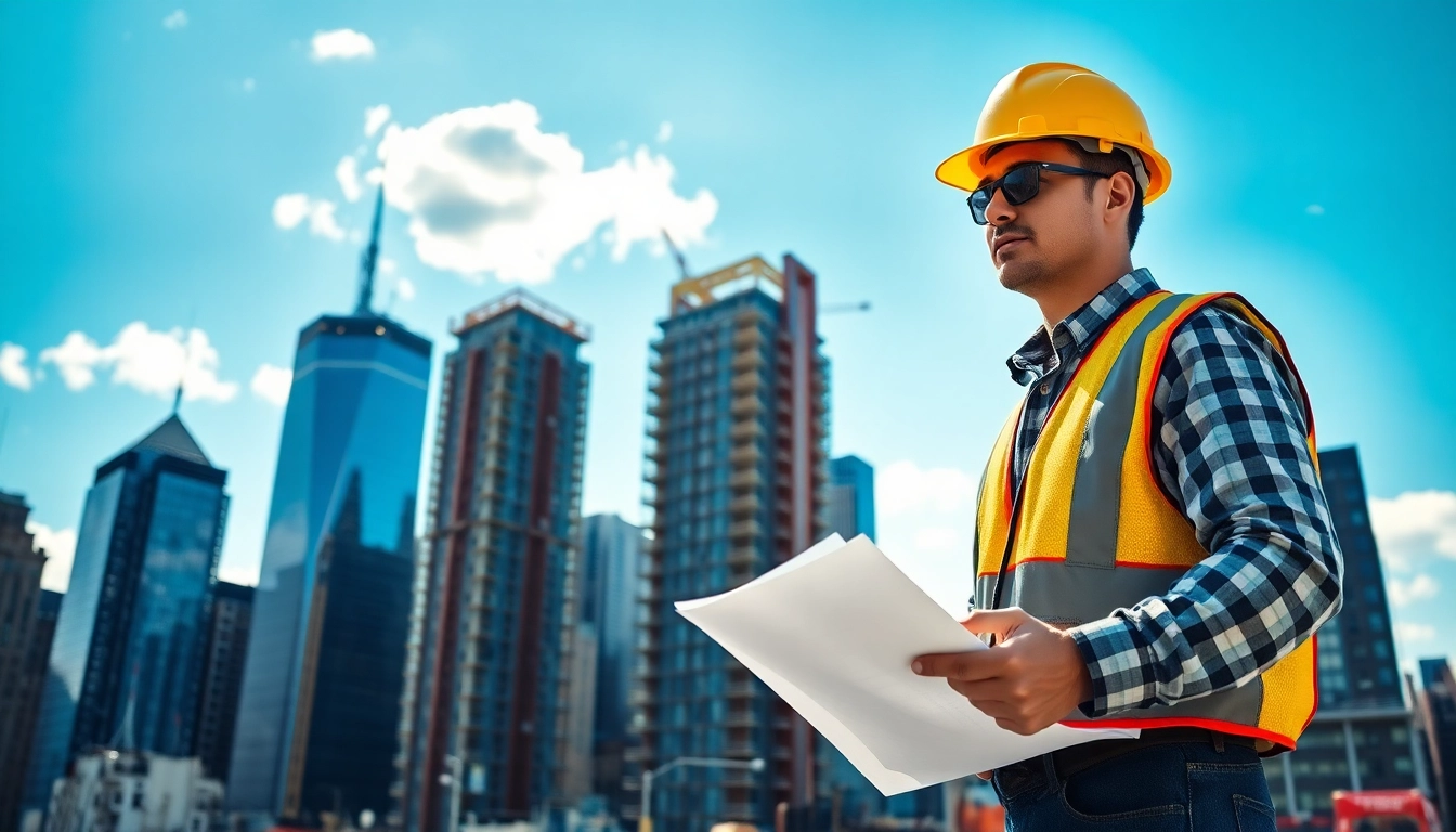 New York General Contractor surveying a construction site with a city skyline backdrop.